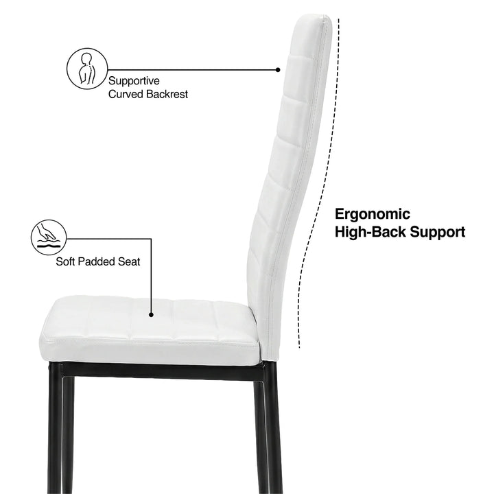 [White] Skyra dining table set side view of one chair with labelled seat and back support