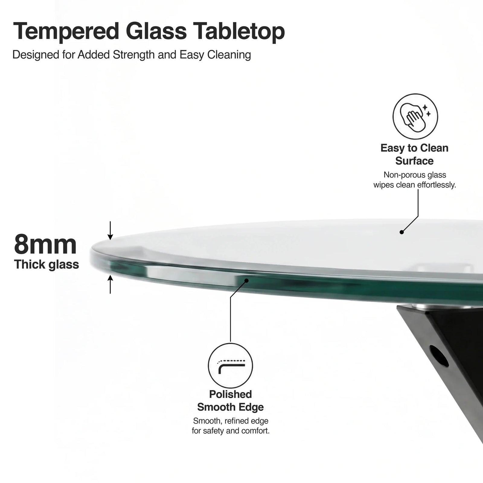 [Grey] Skyra dining table set tabletop close-up with 8mm glass edge and black support below