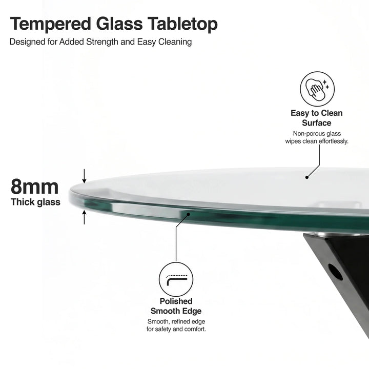[Grey] Skyra dining table set tabletop close-up with 8mm glass edge and black support below