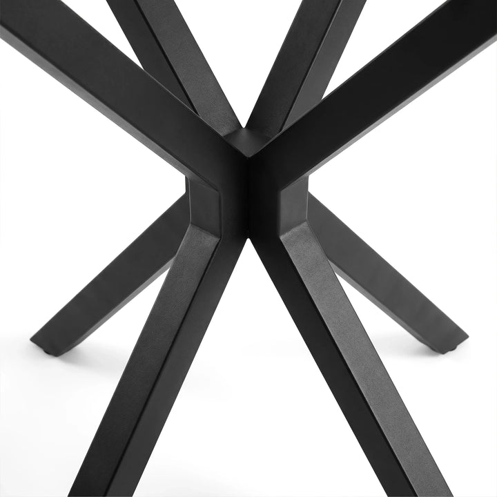 [Grey] Skyra dining table set crossed base close-up with angled black metal supports