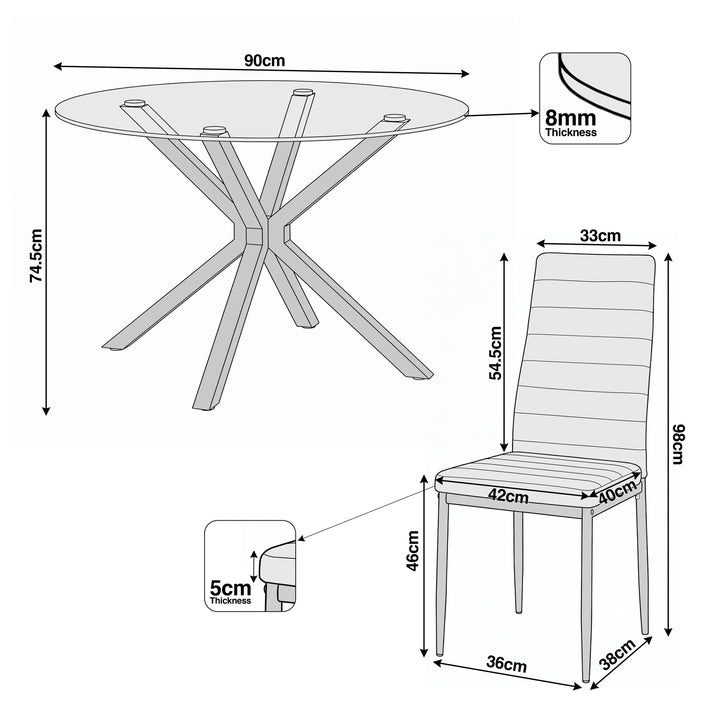 [Grey] Skyra dining table set dimensions: 90cm table, 74.5cm height, 8mm glass, 98cm chair height