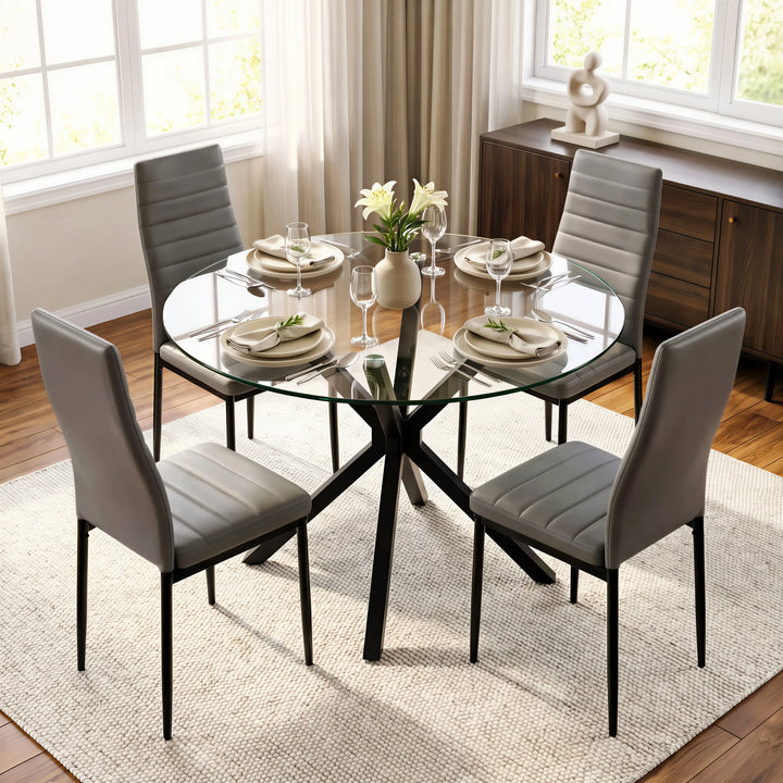 [Grey] Skyra dining table set top view with round glass tabletop and four chairs spaced around it