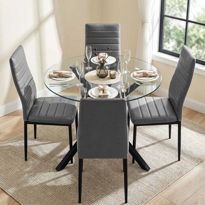 [Grey] Skyra dining table set top view with round glass tabletop and four chairs spaced around it