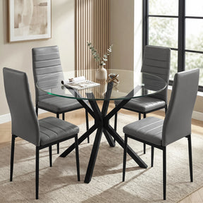 [Grey] Skyra dining table set in dining room with clear round top and four high-back chairs