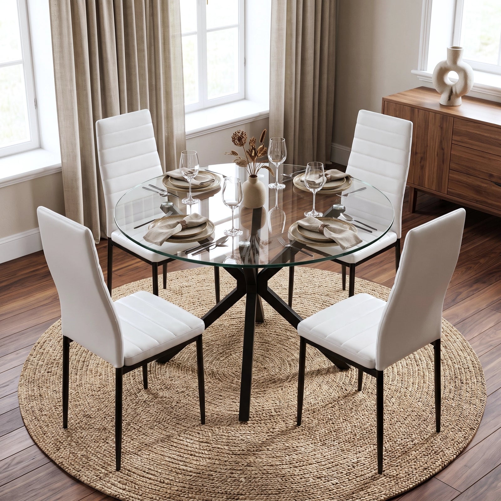 [Glass] Round glass dining table featuring sturdy black crossed legs, styled with four dining chairs, tableware and a vase.