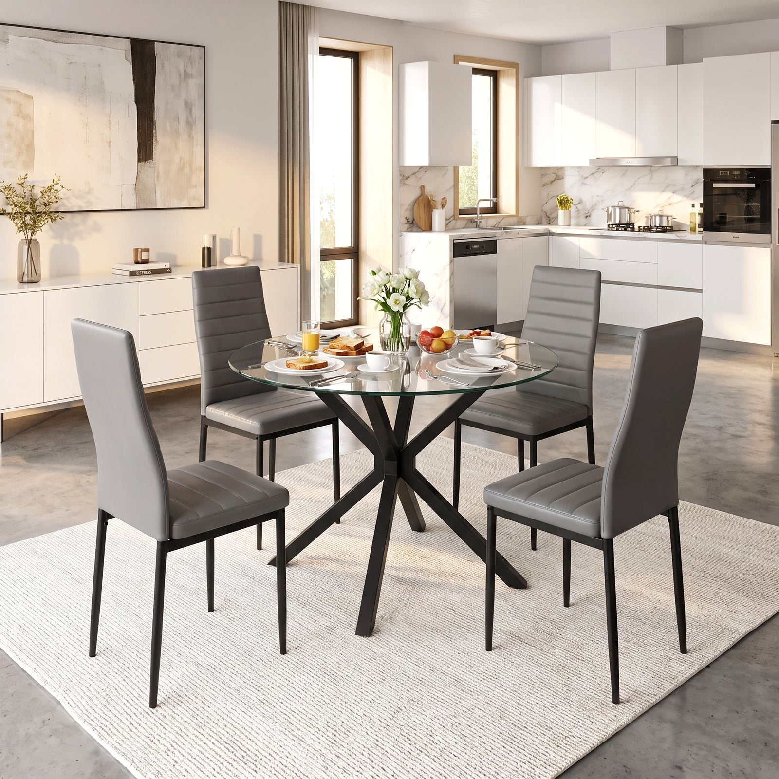 [Grey] Skyra Round Glass Dining Table and 4 Grey Chairs Set styled in a bright modern open-plan kitchen and dining area.
