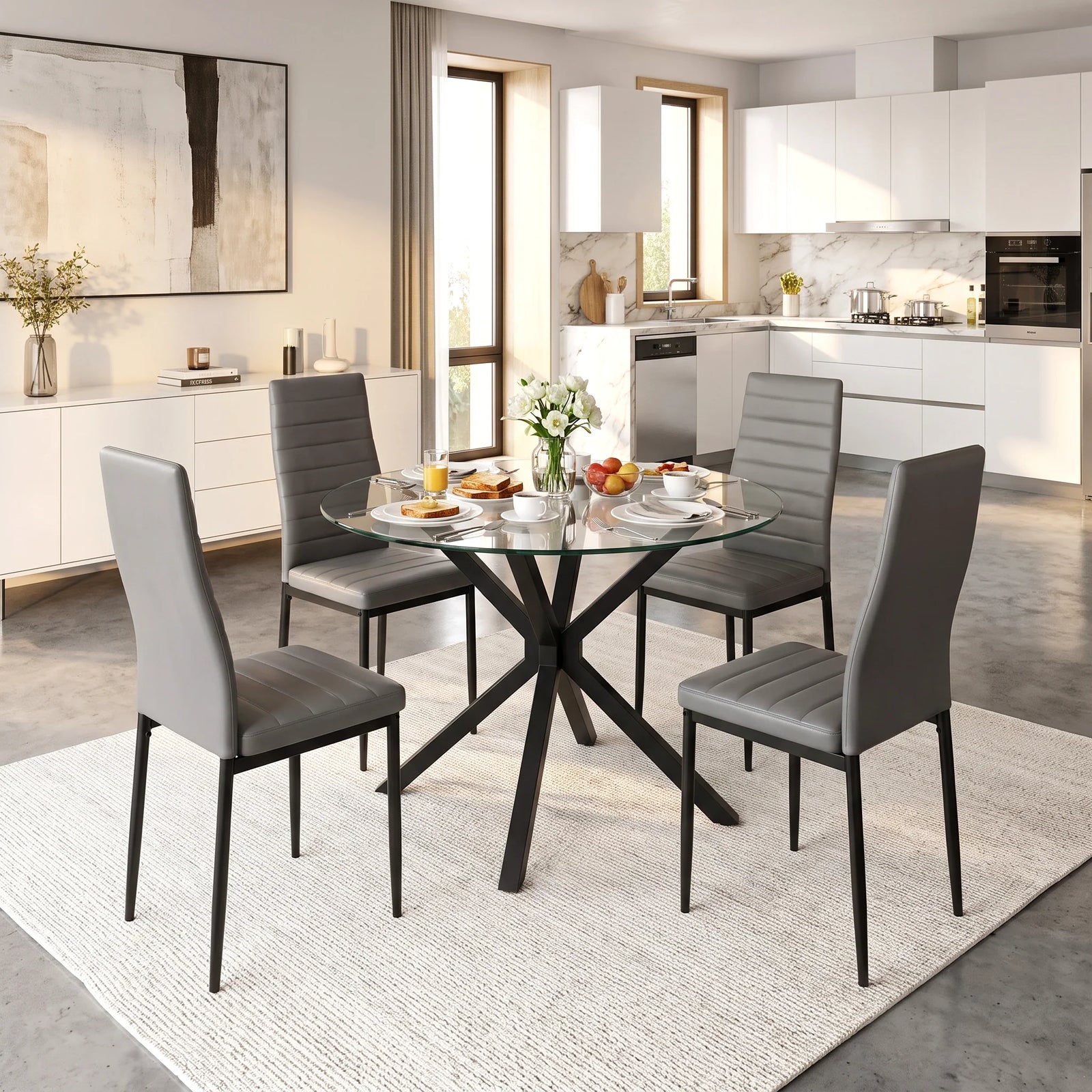 [Grey] Skyra Round Glass Dining Table and 4 Grey Chairs Set styled in a bright modern open-plan kitchen and dining area.