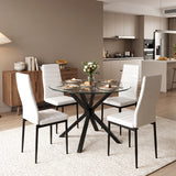 [White] Skyra Round Glass Dining Table and 4 White Chairs Set beautifully styled in a modern kitchen.