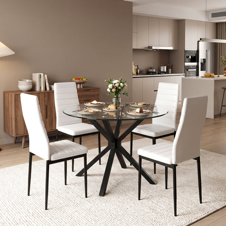 [White] Skyra Round Glass Dining Table and 4 White Chairs Set beautifully styled in a modern kitchen.
