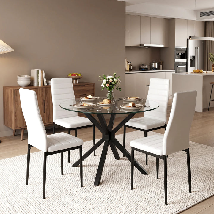 [White] Skyra Round Glass Dining Table and 4 White Chairs Set beautifully styled in a modern kitchen.