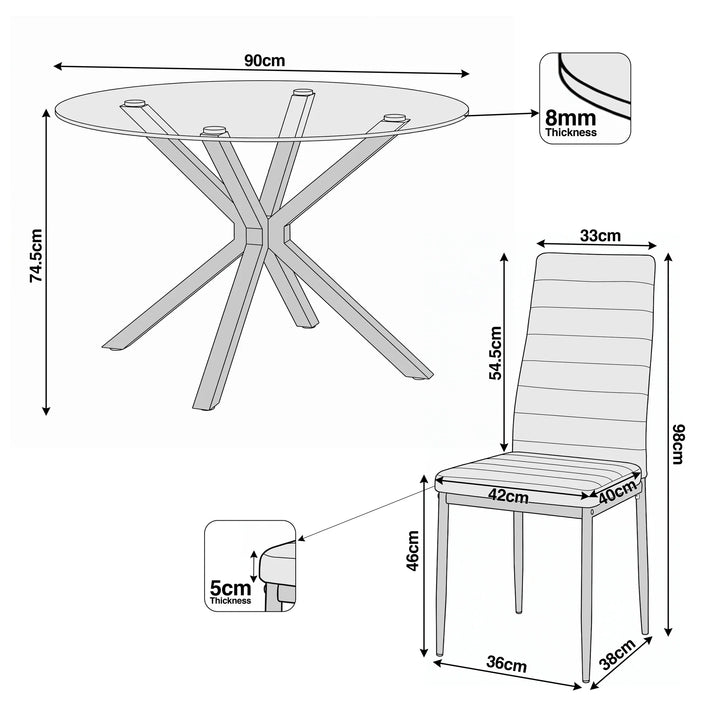 [White] Skyra dining table set dimensions: 90cm table, 74.5cm height, 8mm glass, 100cm chair height