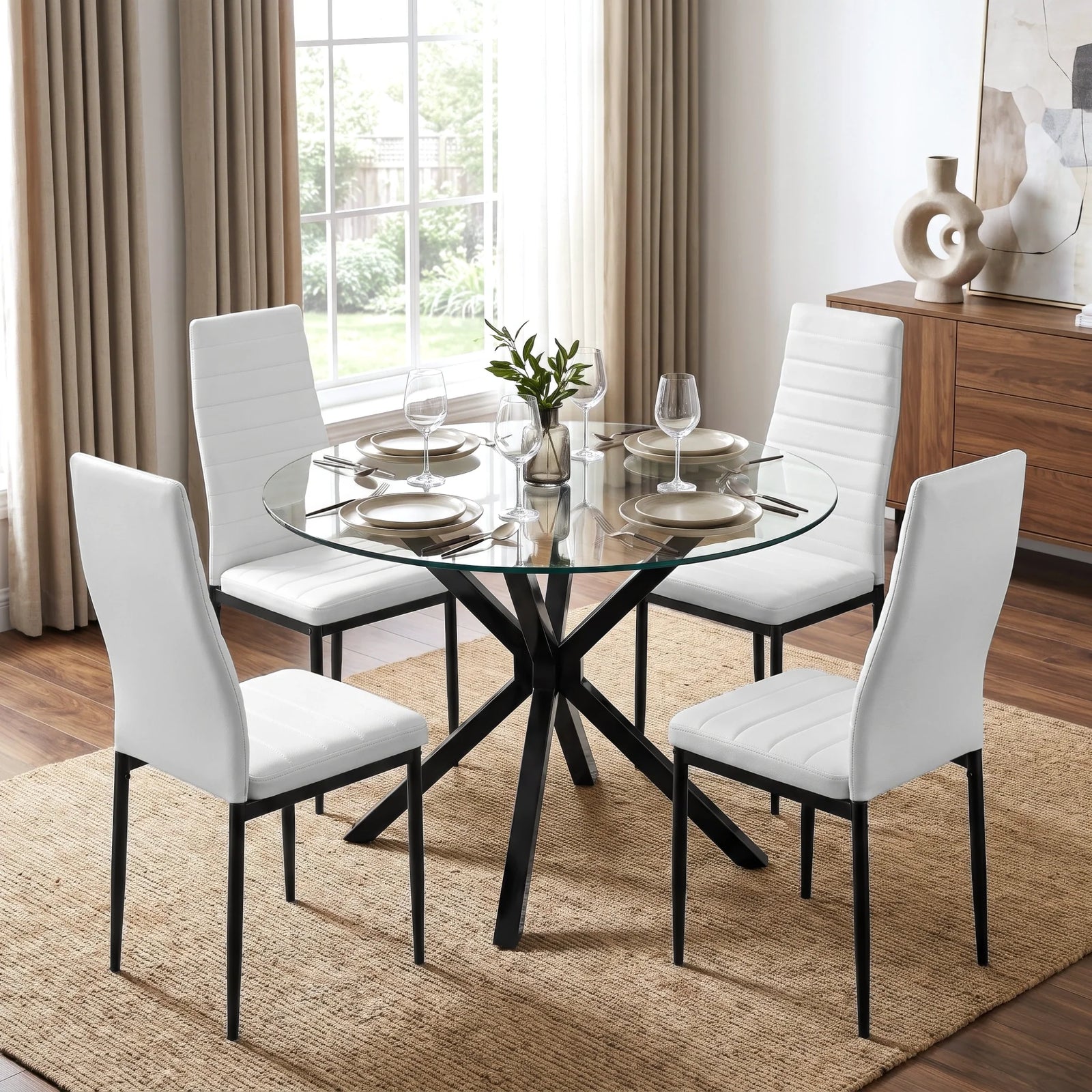 [White] Skyra dining table set viewed from front with four chairs and plates settings