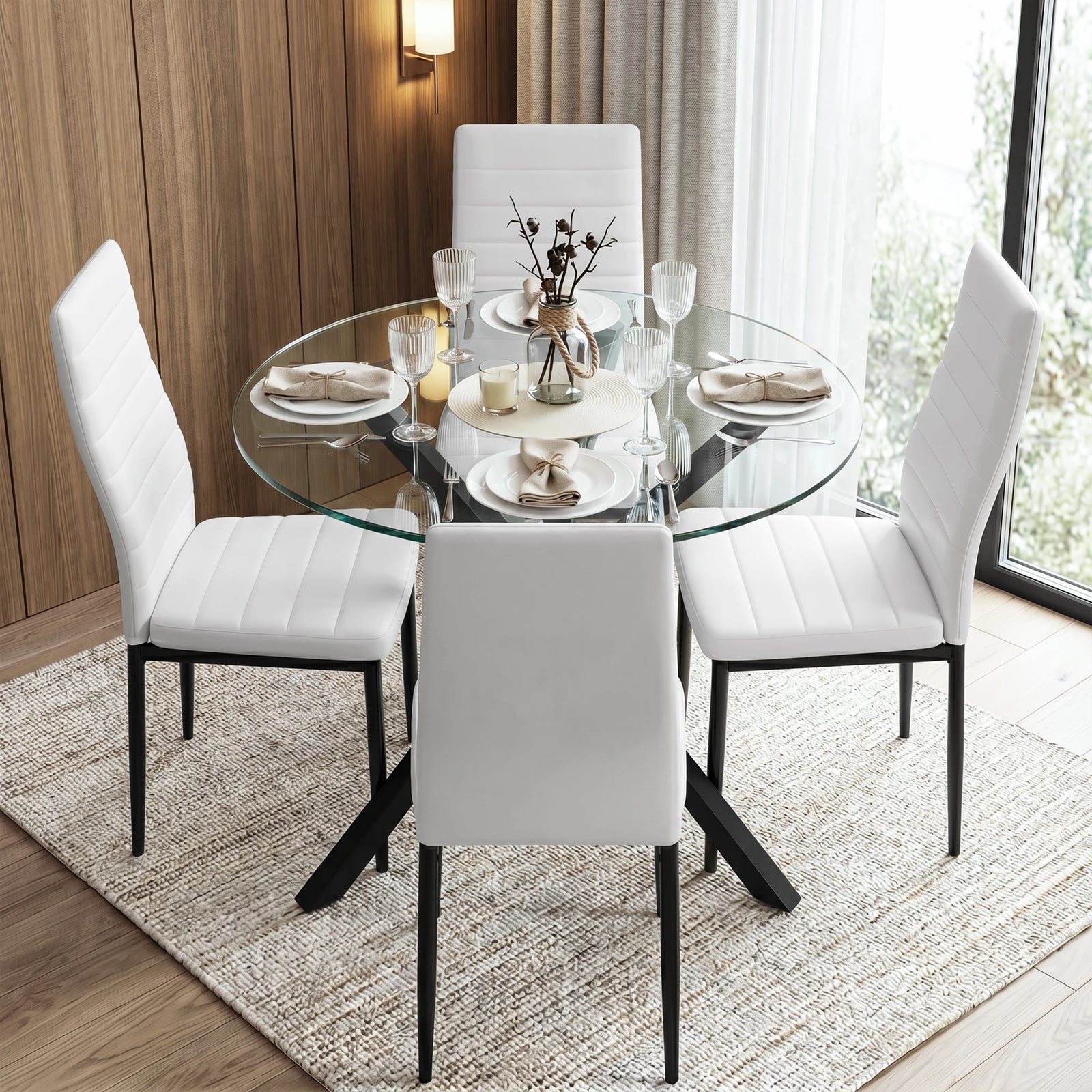 [White] Skyra dining table set viewed from above with four chairs and place settings