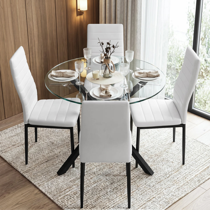 [White] Skyra dining table set viewed from above with four chairs and place settings