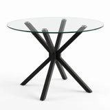 [White] Skyra dining table set round glass table on white background with black crossed legs