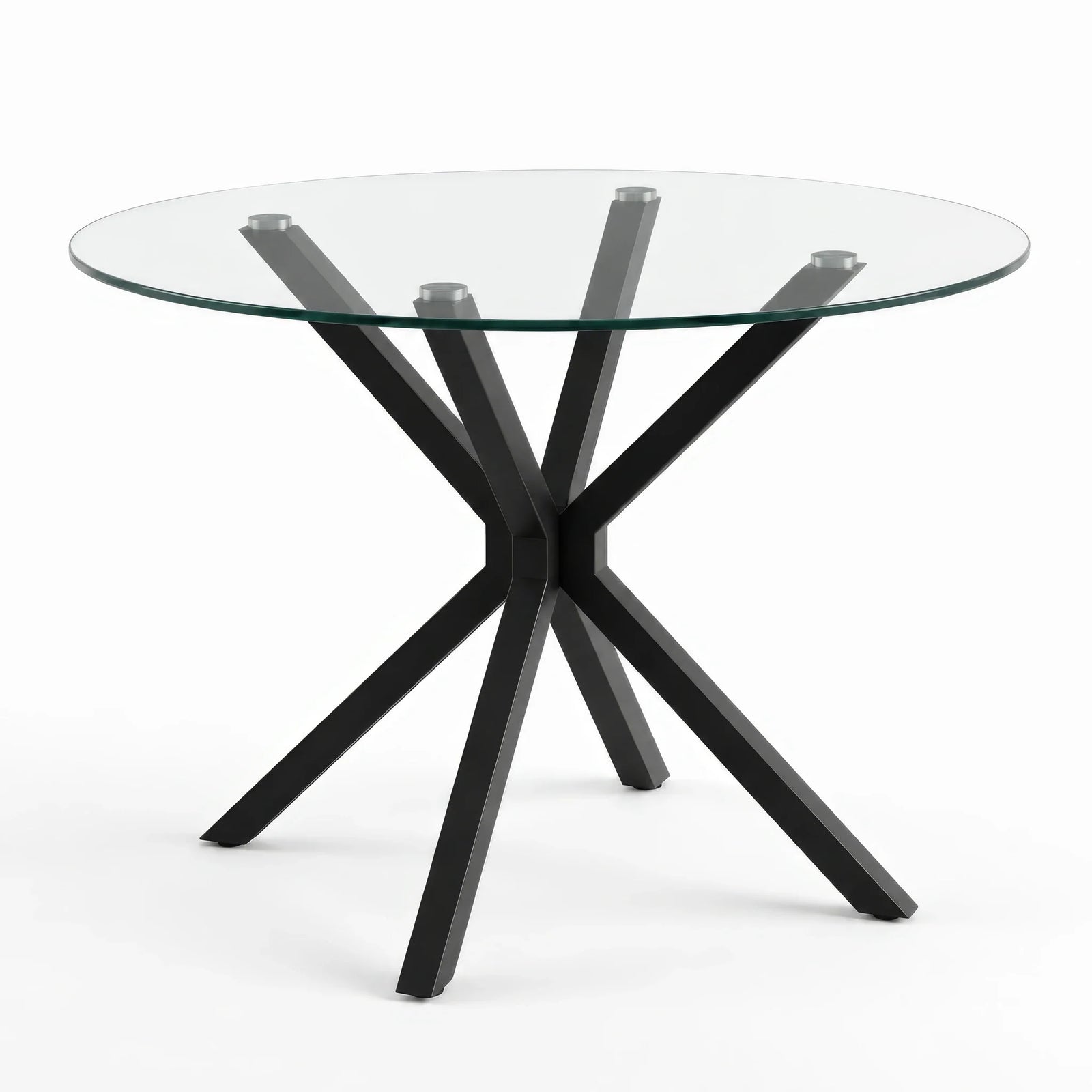 [White] Skyra dining table set round glass table on white background with black crossed legs