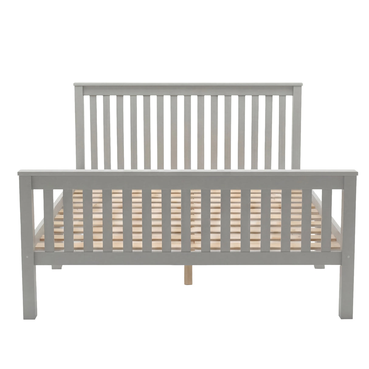 Wooden grey bed frame with slatted headboard and footboard, open base structure, and evenly spaced support slats
