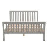 Wooden grey bed frame with slatted headboard and footboard, open base structure, and evenly spaced support slats