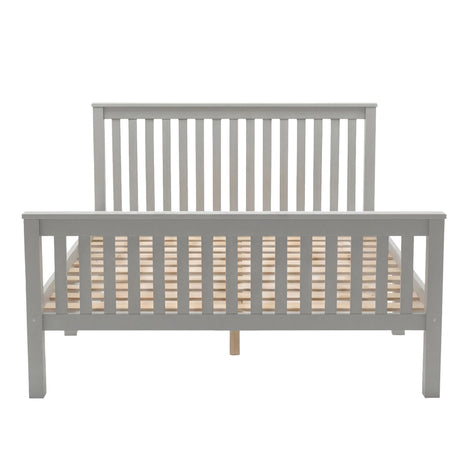 Wooden grey bed frame with slatted headboard and footboard, open base structure, and evenly spaced support slats