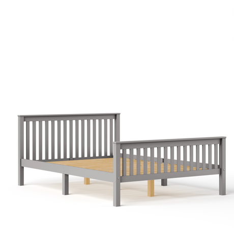 Wooden grey bed frame with slatted headboard and footboard, open base structure, and evenly spaced support slats