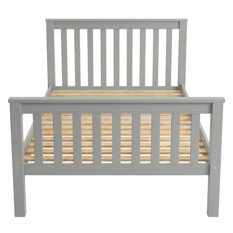 Grey single wooden bed frame with slatted pattern and sturdy wooden slats for added support and design to your bedroom