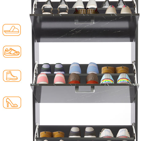 Open slimline shoe cabinet showing space for a variety of footwear like Crocs, boots, slippers, and wellies.