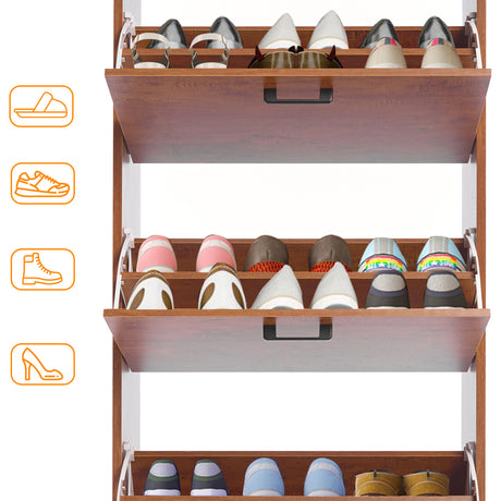 With all doors wide open, this wooden shoe cabinet reveals its 3 tier shoe cabinet capacity for boots, slippers, and more.