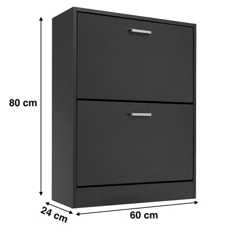 compact and slim shoe cabinet in a black finish dimensions: width 60 cm, depth 24 cm, and height 80 cm.
