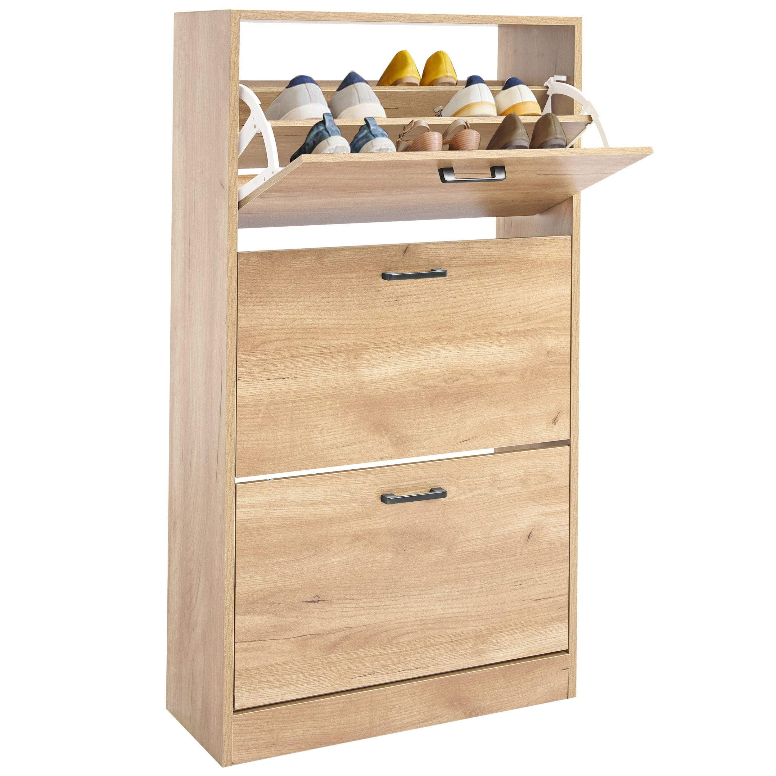 Slim shoe storage cabinet in pine with two drawers and top compartment