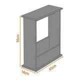 Dimension of grey side table showing slim profile: height 55 cm, width 18 cm, and length 45 cm.