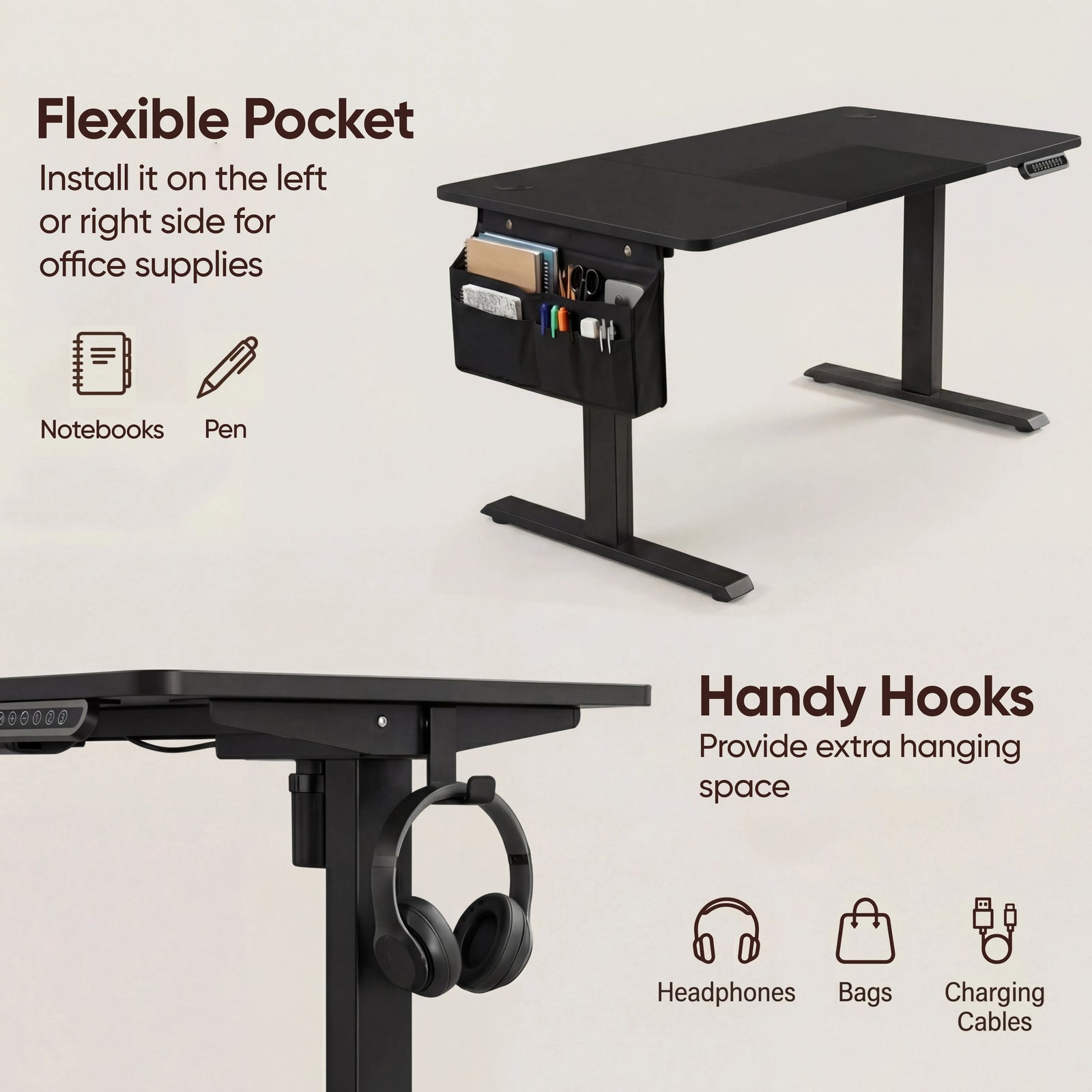 [160cm x 70cm] side fabric pocket on 160cm black standing desk holding pens and notebooks, hook below with headset