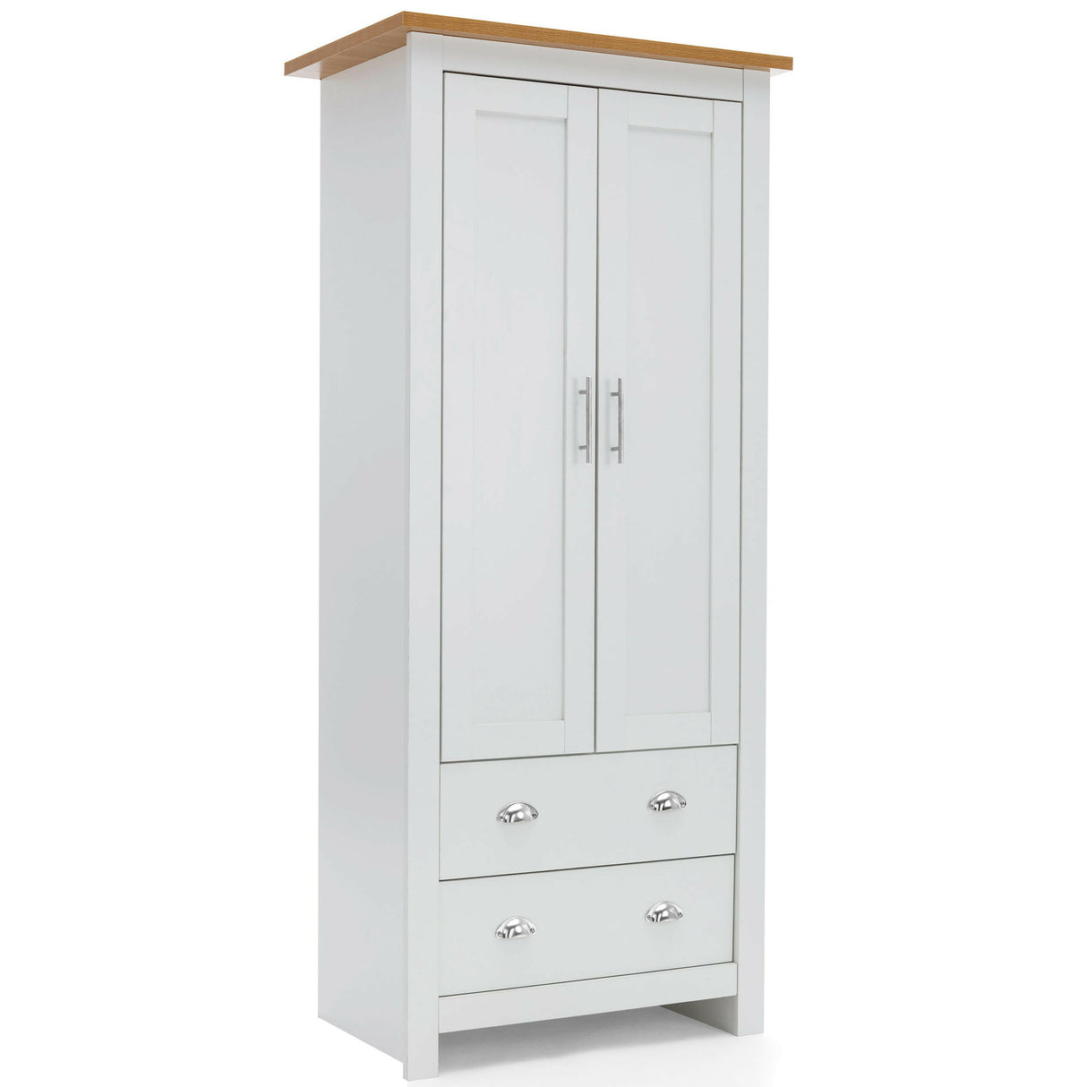 Slim white wardrobe, ideal for small rooms with limited space, offering practical storage solutions.