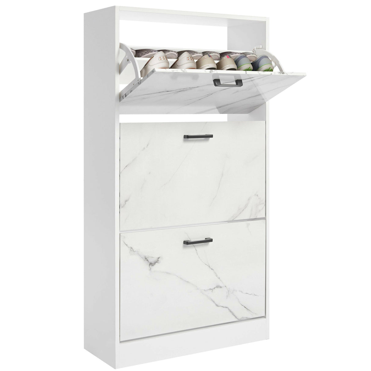 White slim shoe cabinet with marble design and three storage compartments