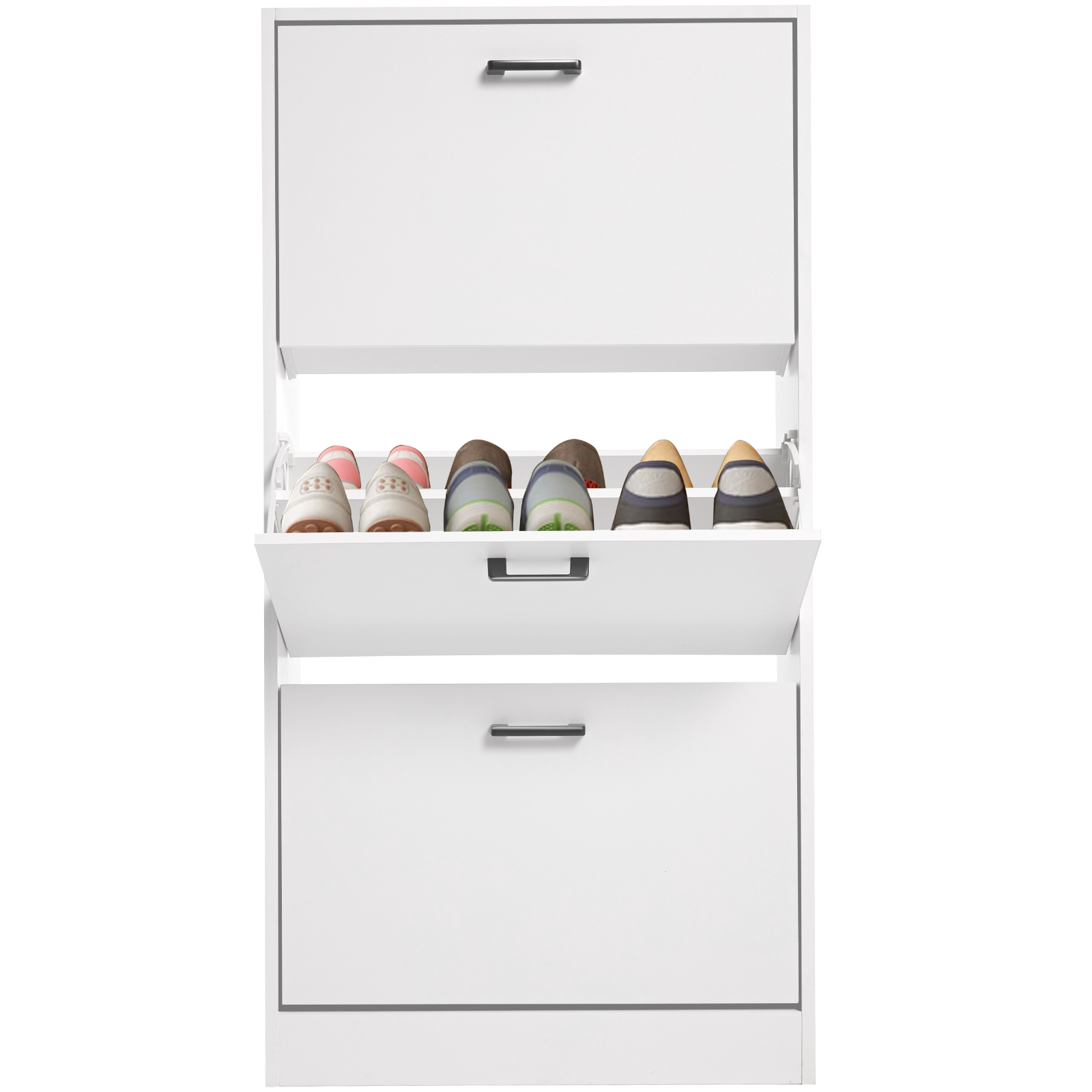 Slim white shoe storage cabinet with two compartments and stylish handles for shoes