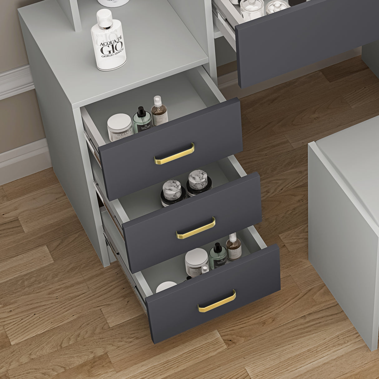 Silver-grey dressing table with mirror, lights, and matching stool for a complete setup.