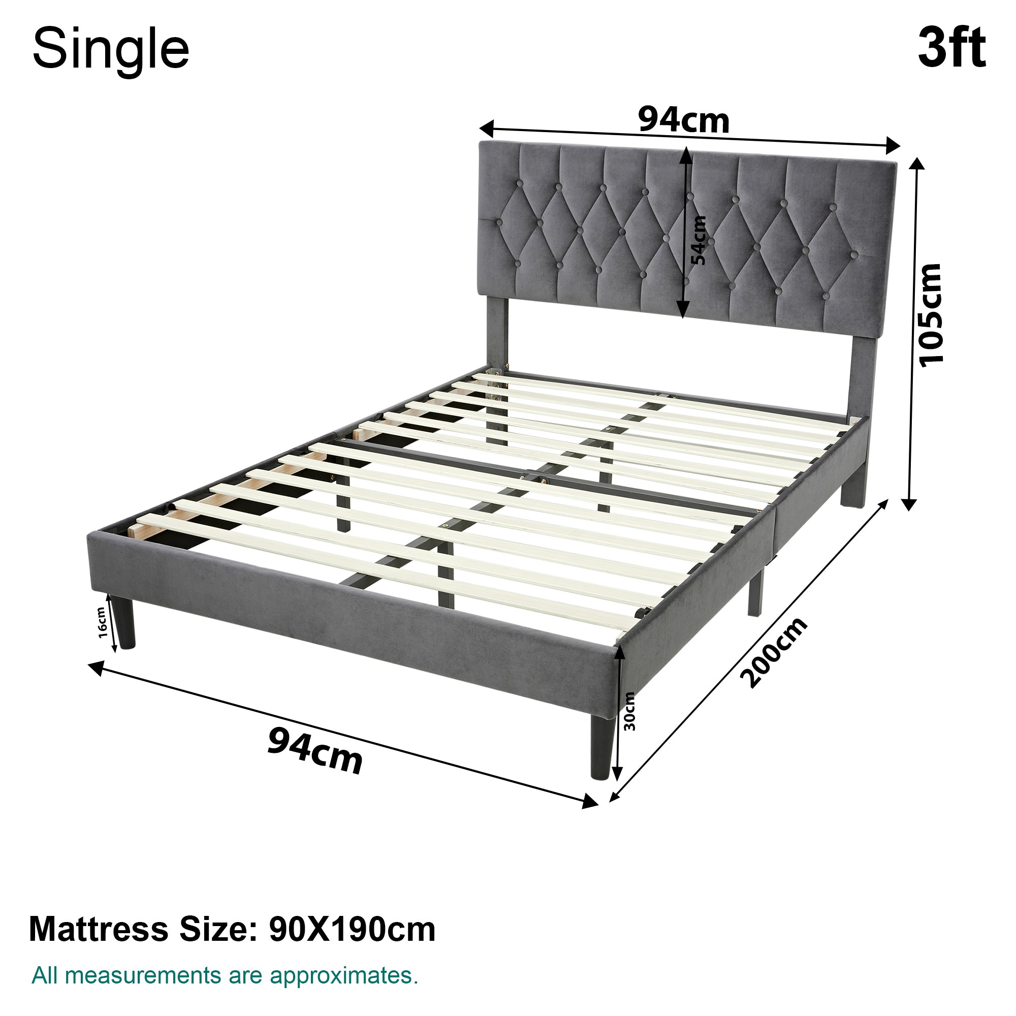 Small bed frame single 3ft with tufted velvet headboard and slatted base, dimensions included.