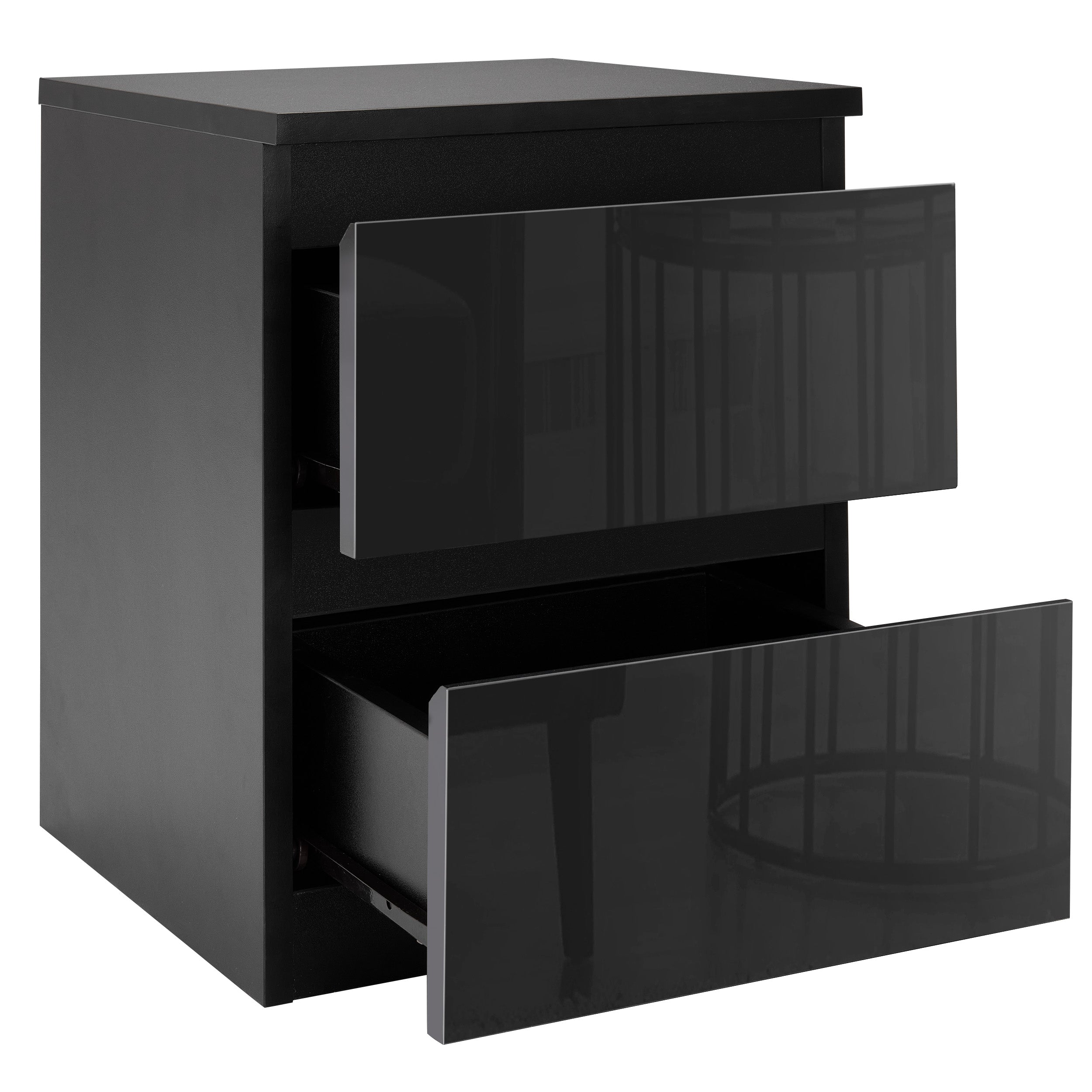 Small black bedside table with drawers, offering compact storage and a stylish modern design.