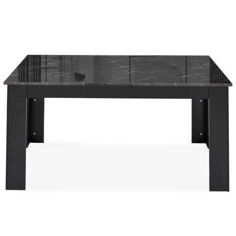 Small black dining table with marble effect top, perfect for modern spaces.