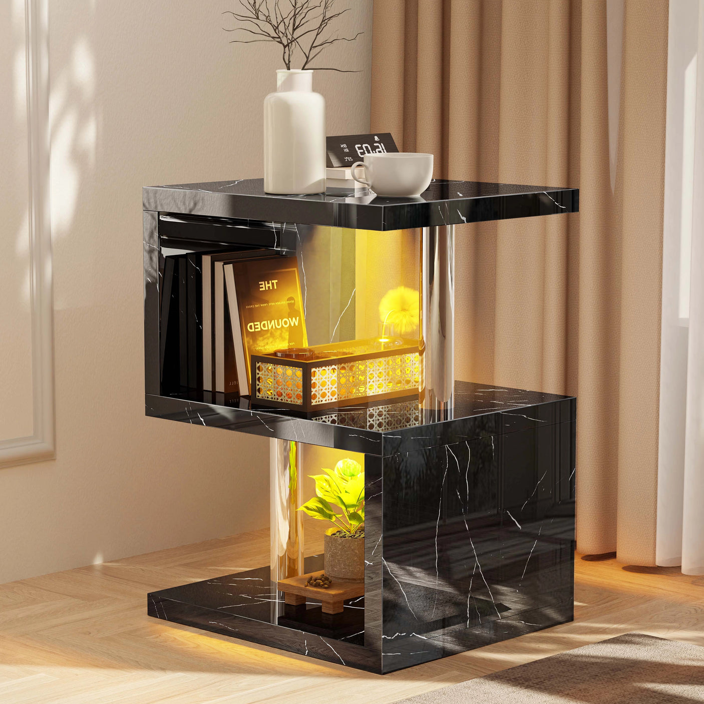 High Gloss Sofa Side Table With LED