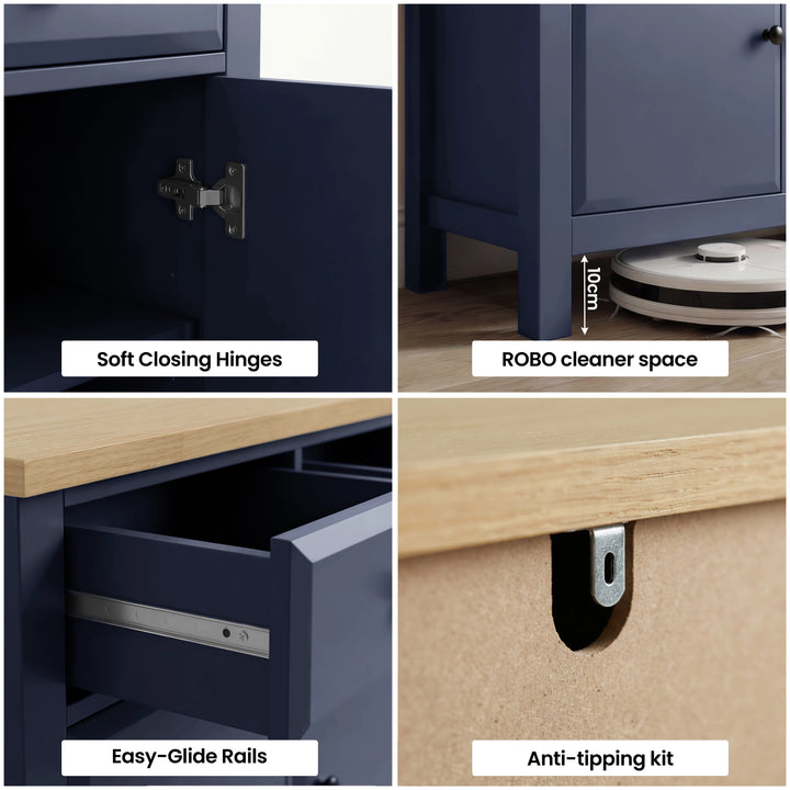 [Blue] Haven Small Blue Sideboard with Drawers & Oak Top, Painted Finish quad diagram showing four key product features.