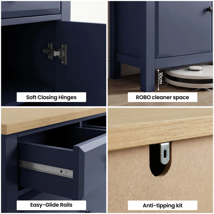 [Blue] Haven Small Blue Sideboard with Drawers & Oak Top, Painted Finish quad diagram showing four key product features.