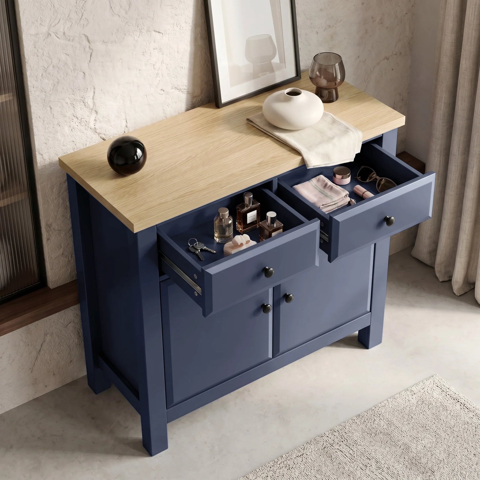 [Blue] Haven Small Blue Sideboard with Drawers & Oak Top, Painted Finish high-angle look with two top drawers pulled out.
