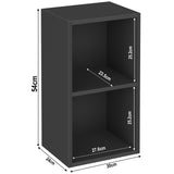 Measurements of black Blisswood 2 shelf bookcase, showing height, width, and shelf dimensions.