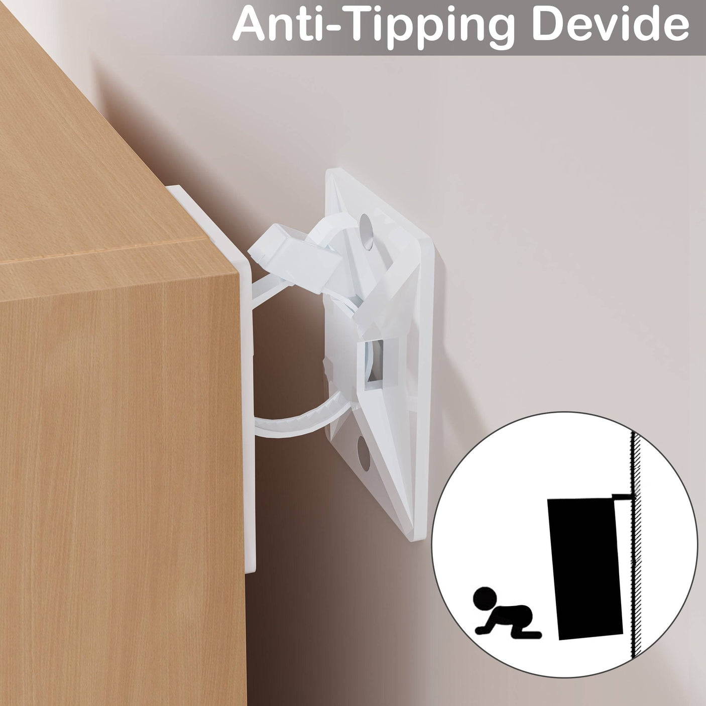 Anti-tipping safety device for natural wood Blisswood bookcase, secure wall attachment for child safety.