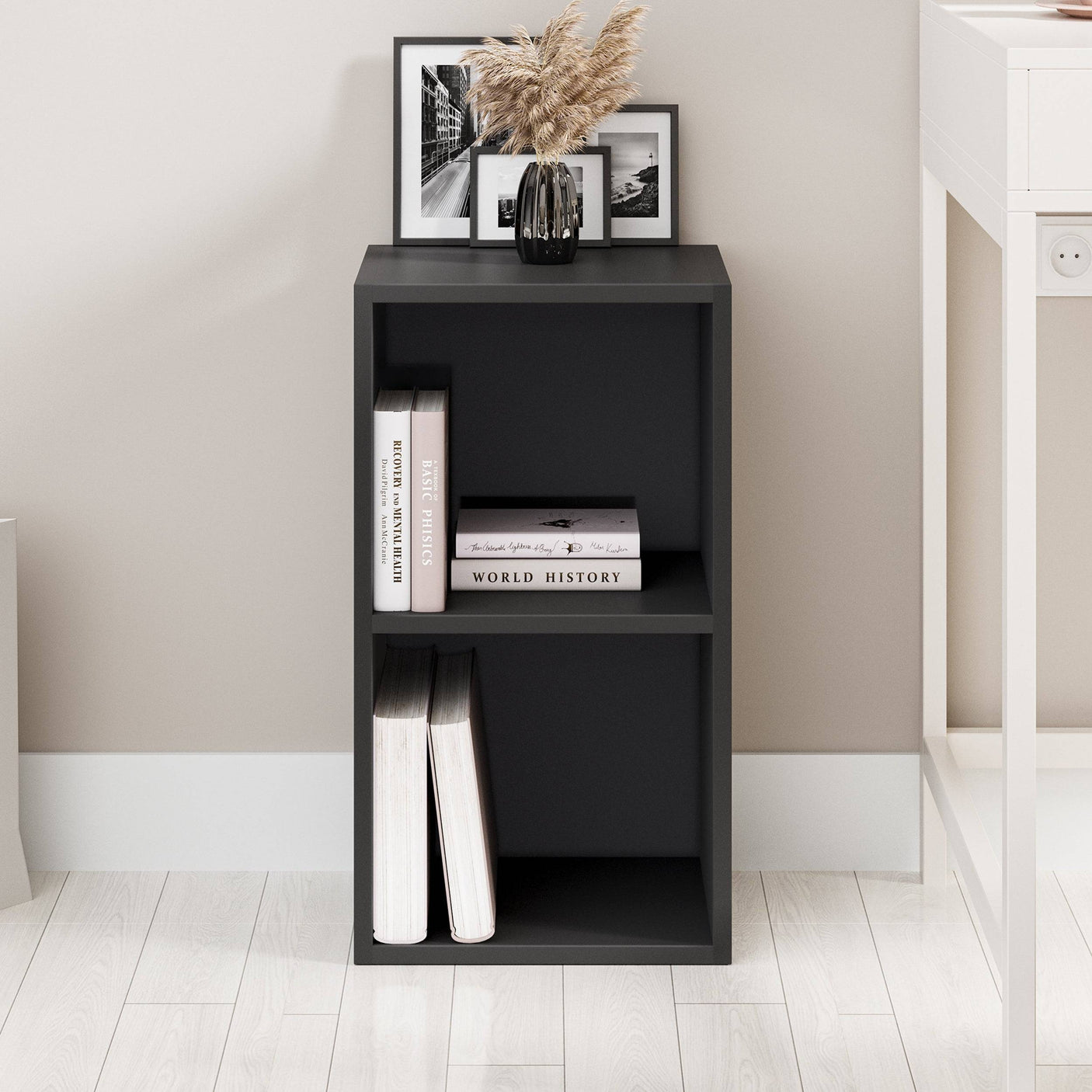Black Blisswood 2 shelf bookcase styled in a modern home office, perfect for books and decor.