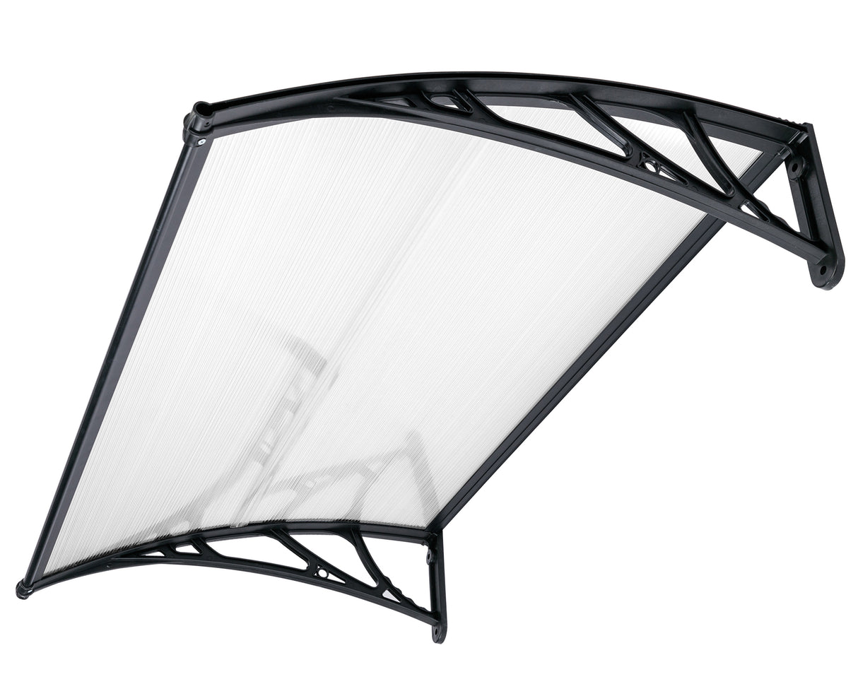 Small canopy for door with clear polycarbonate sheet and black bracket for weather protection.