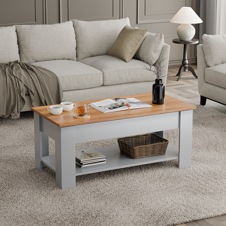 Small coffee table with lift top and storage shelf in grey and wooden finish.