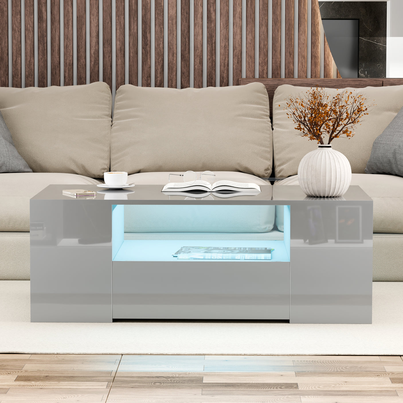 High Gloss Coffee Table With Storage & LED Lights