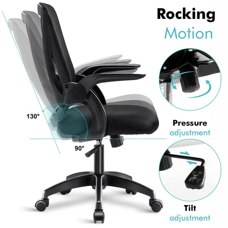 Small comfy office chair with rocking motion, pressure & tilt adjustment for comfort.