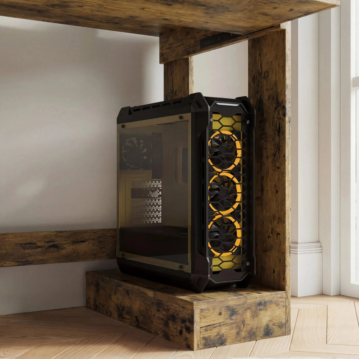 [Rustic] Under-desk view of small computer desk in rustic finish with black yellow-fan gaming PC case on base
